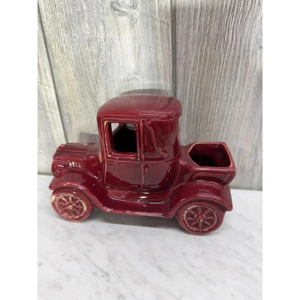 Vintage Ceramic Antique Car Planter Burgundy Red Model T Novelty Pottery Vases